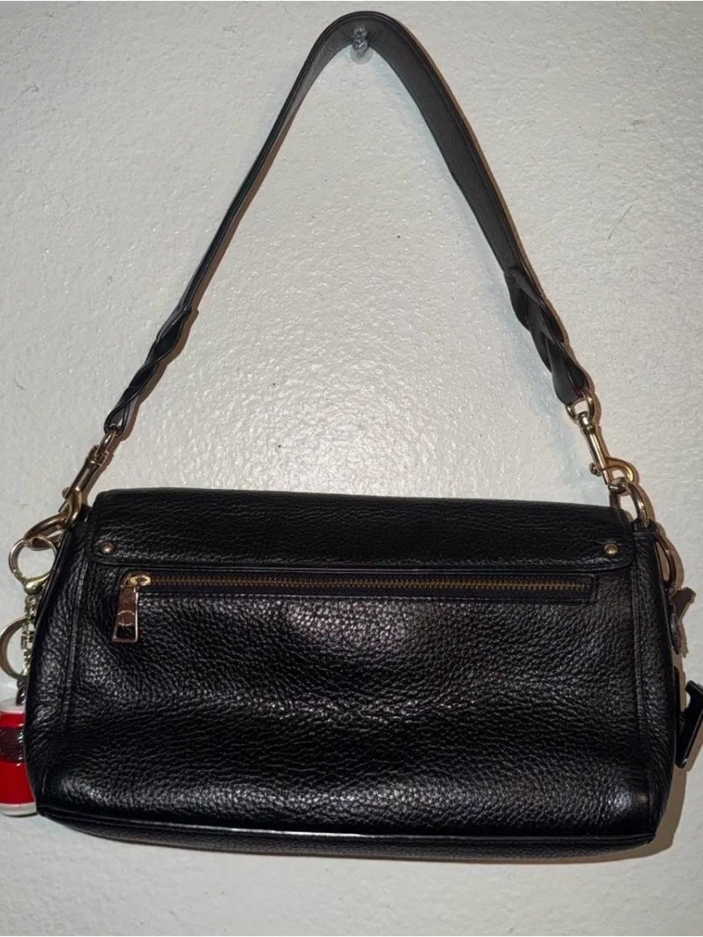 Coach Black Leather Shoulder Bag with Brown Signature Panel and Gold Hardware